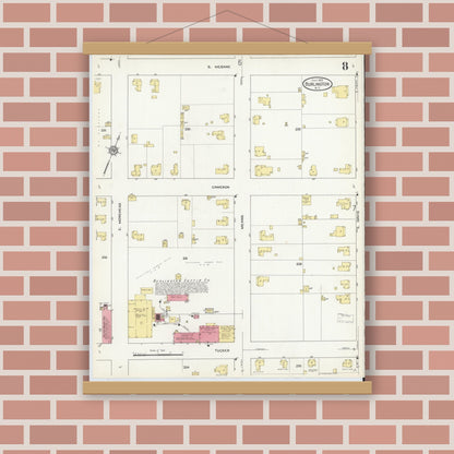 Old map wall art mockup — magnetic wood frame on brick wall — Sanborn Fire Insurance Map from Burlington, Alamance County, North Carolina (1913), Sheet #0008