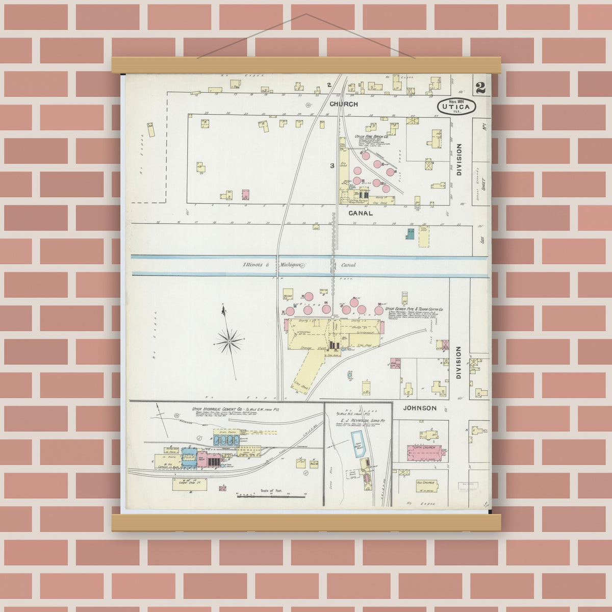 Old map wall art mockup — magnetic wood frame on brick wall — Sanborn Fire Insurance Map from Utica, La Salle County, Illinois (1891), Sheet #0002