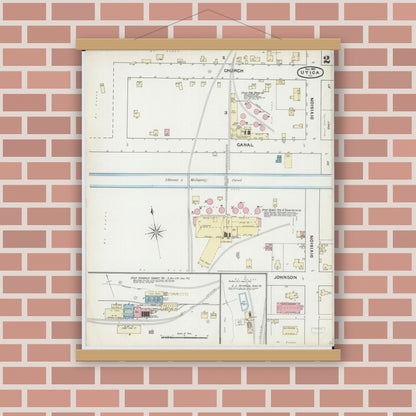 Old map wall art mockup — magnetic wood frame on brick wall — Sanborn Fire Insurance Map from Utica, La Salle County, Illinois (1891), Sheet #0002