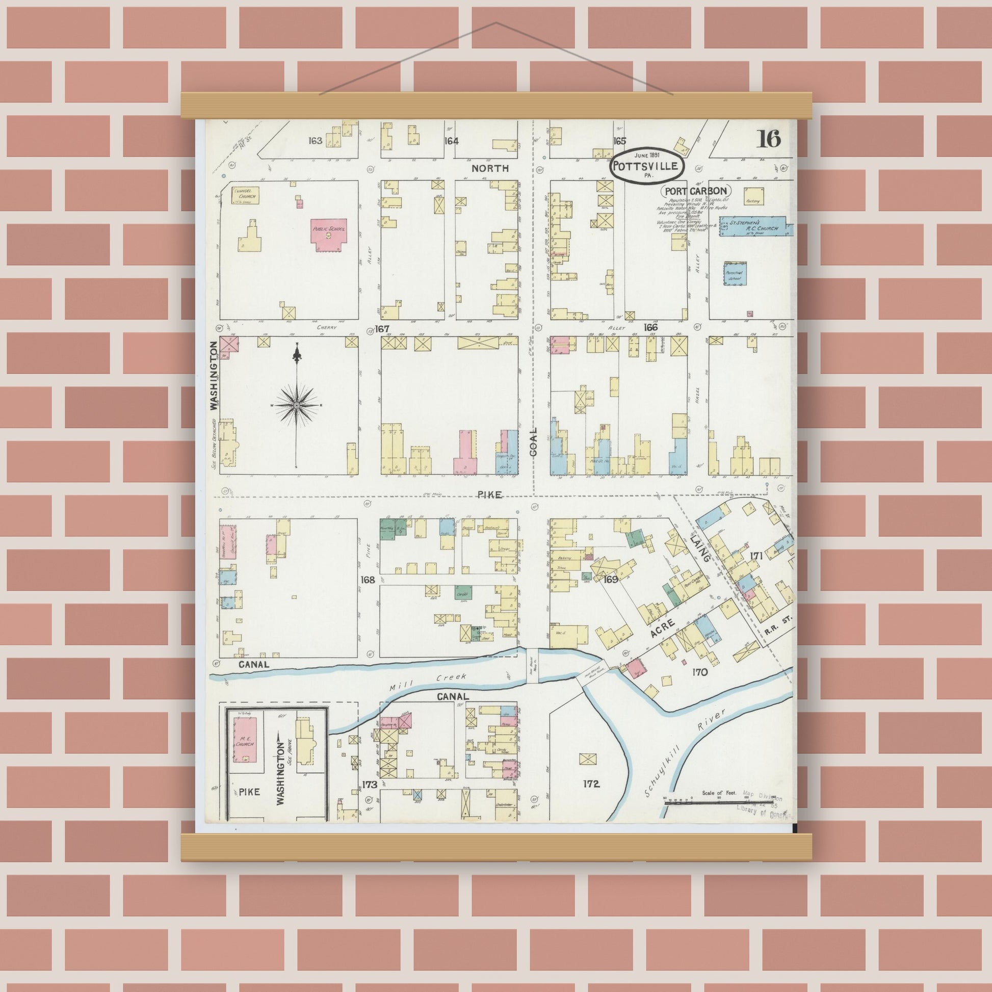 Old map wall art mockup — magnetic wood frame on brick wall — Sanborn Fire Insurance Map from Pottsville, Schuylkill County, Pennsylvania (1891), Sheet #0016