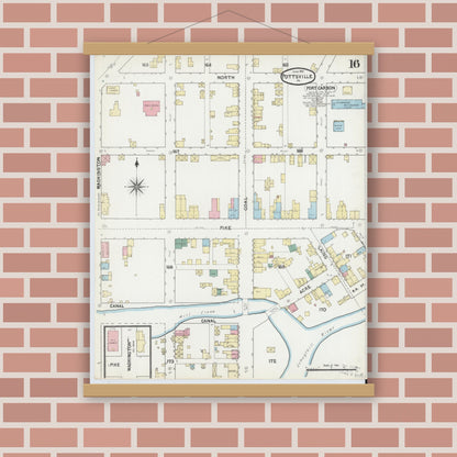 Old map wall art mockup — magnetic wood frame on brick wall — Sanborn Fire Insurance Map from Pottsville, Schuylkill County, Pennsylvania (1891), Sheet #0016