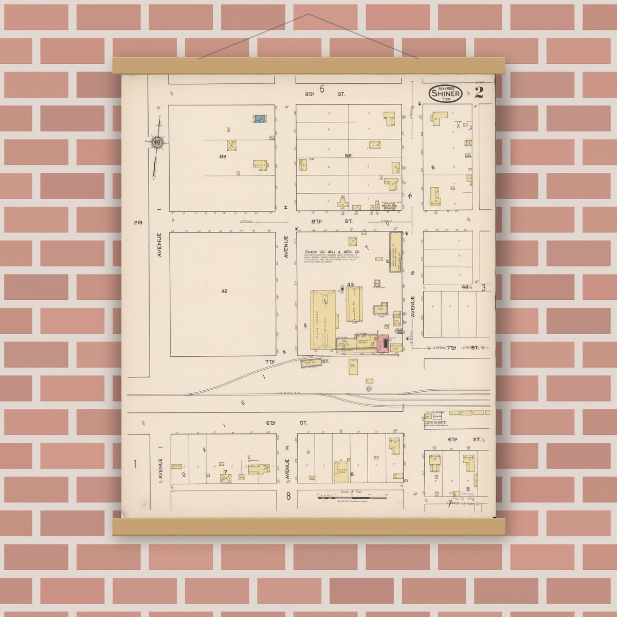 Old map wall art mockup — magnetic wood frame on brick wall — Sanborn Fire Insurance Map from Shiner, Lavaca County, Texas (1922), Sheet #0002
