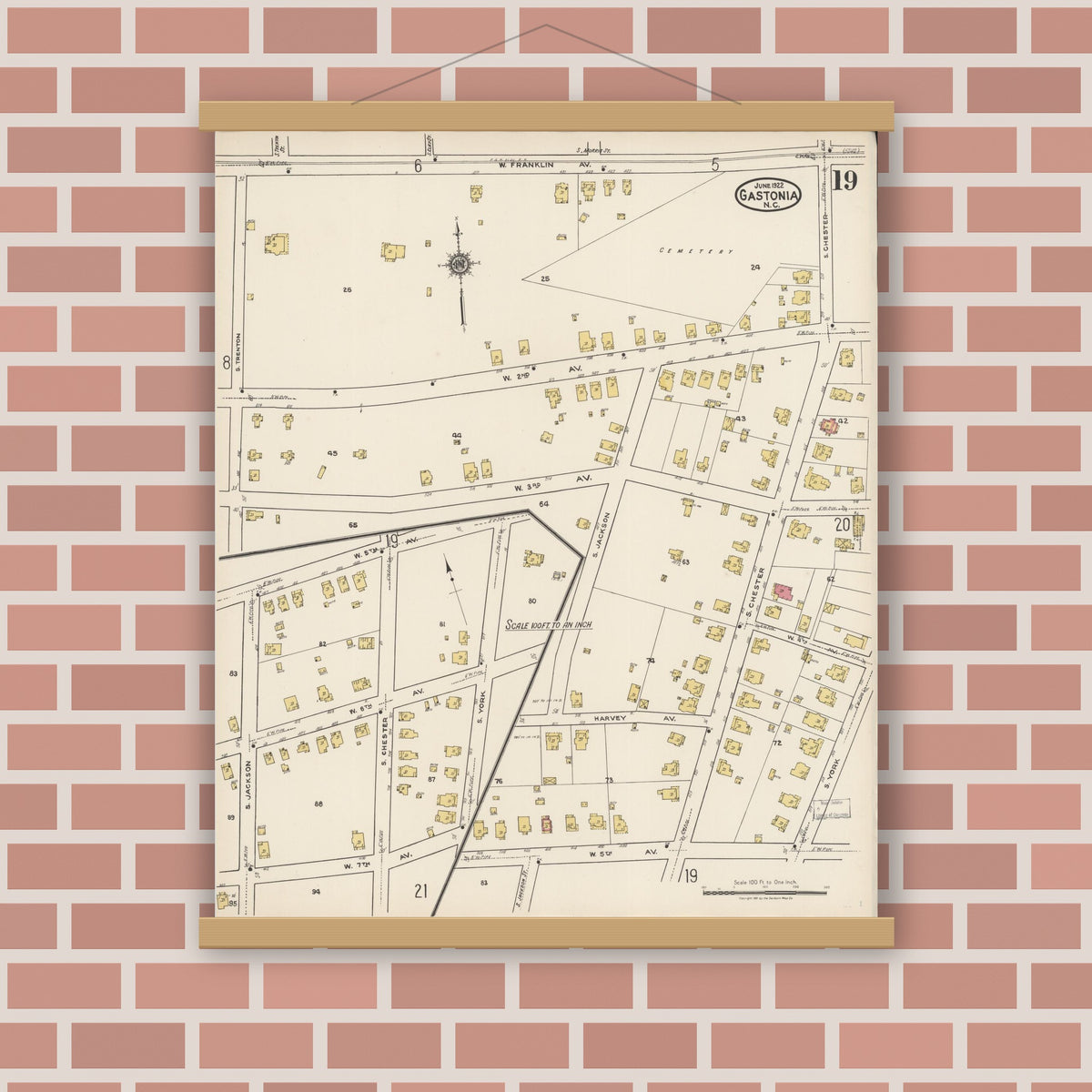 Old map wall art mockup — magnetic wood frame on brick wall — Sanborn Fire Insurance Map from Gastonia, Gaston County, North Carolina (1922), Sheet #0019