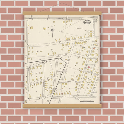 Old map wall art mockup — magnetic wood frame on brick wall — Sanborn Fire Insurance Map from Gastonia, Gaston County, North Carolina (1922), Sheet #0019