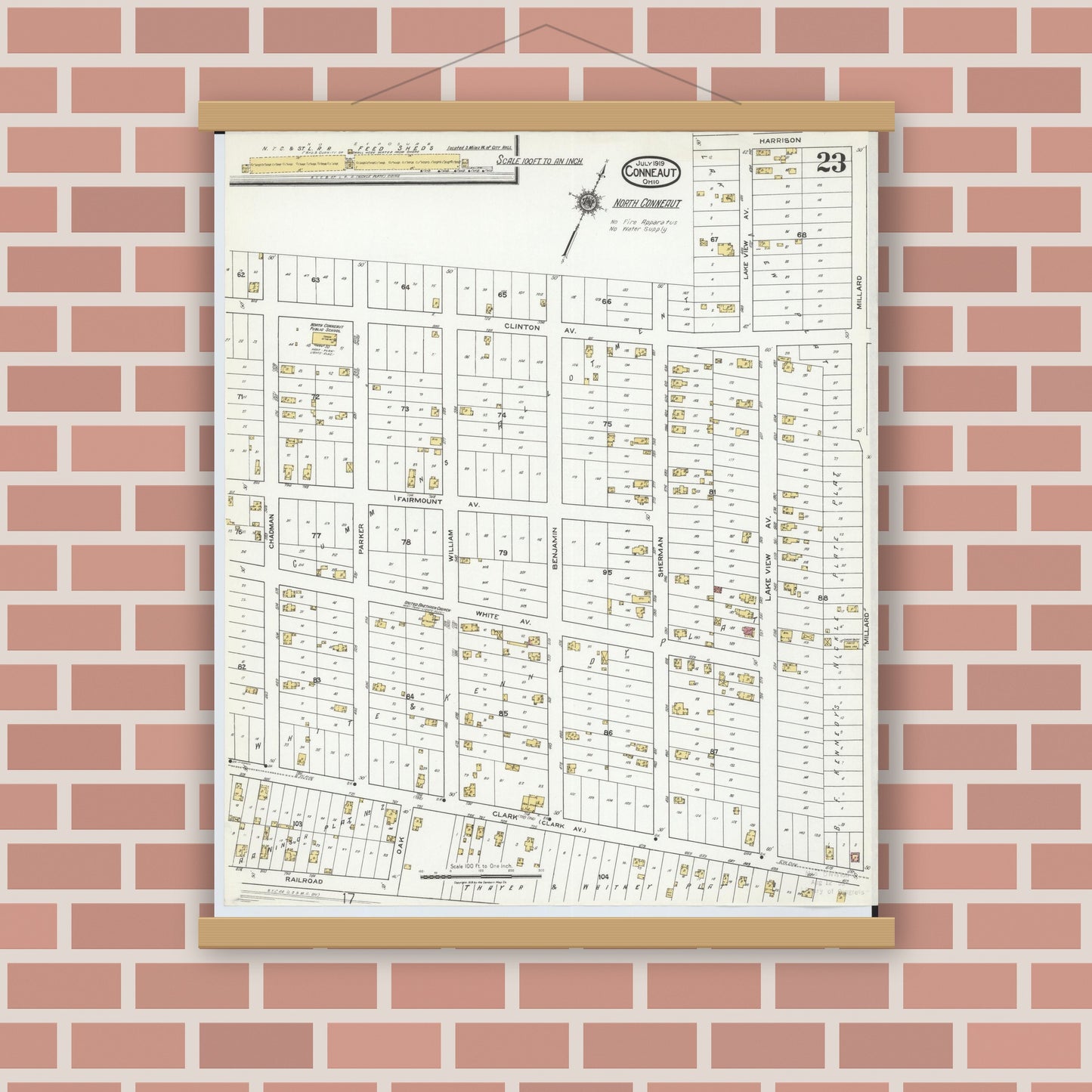 Old map wall art mockup — magnetic wood frame on brick wall — Sanborn Fire Insurance Map from Conneaut, Ashtabula County, Ohio (1919), Sheet #0023