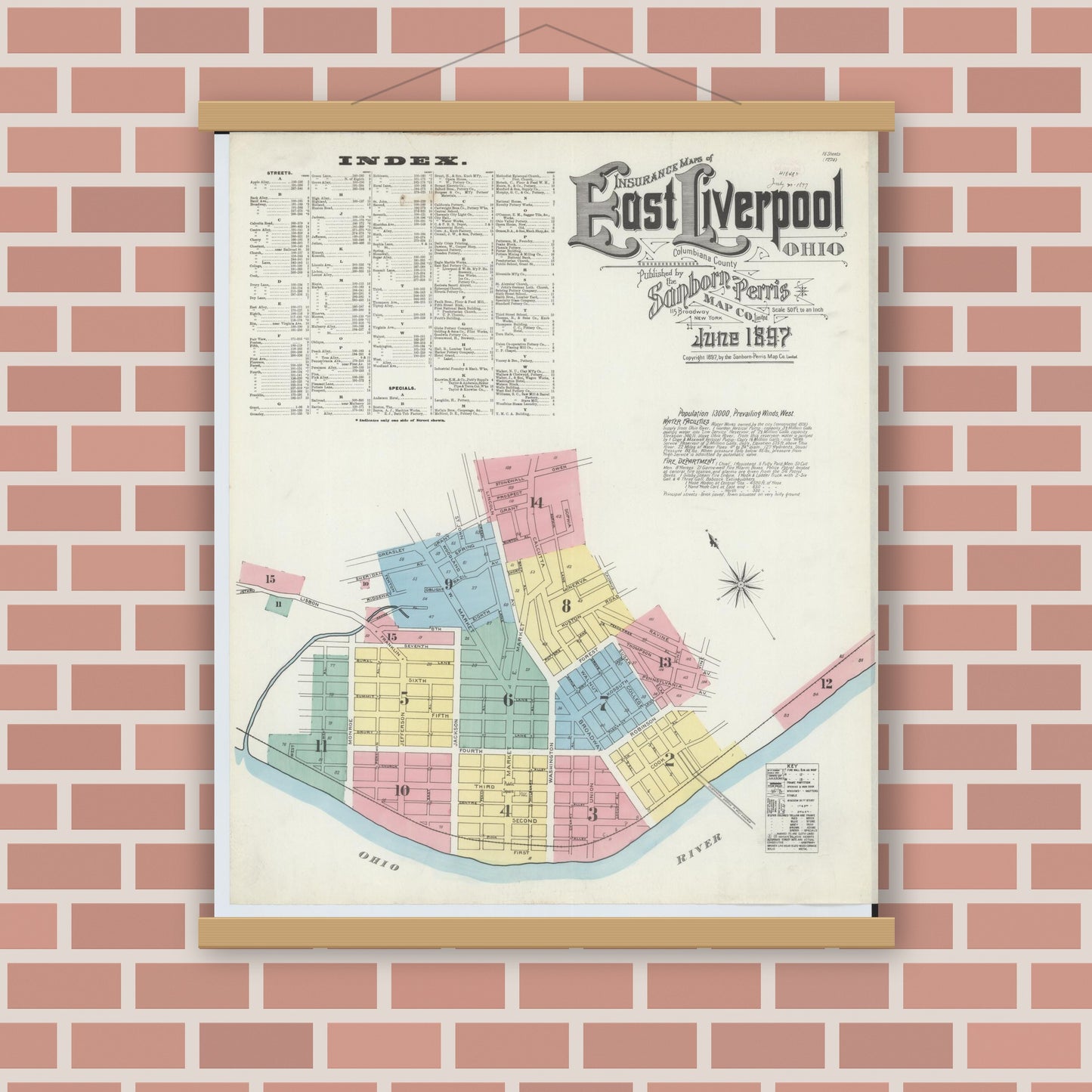 Old map wall art mockup — magnetic wood frame on brick wall — Sanborn Fire Insurance Map from East Liverpool, Columbiana County, Ohio (1897) - Complete Map Set