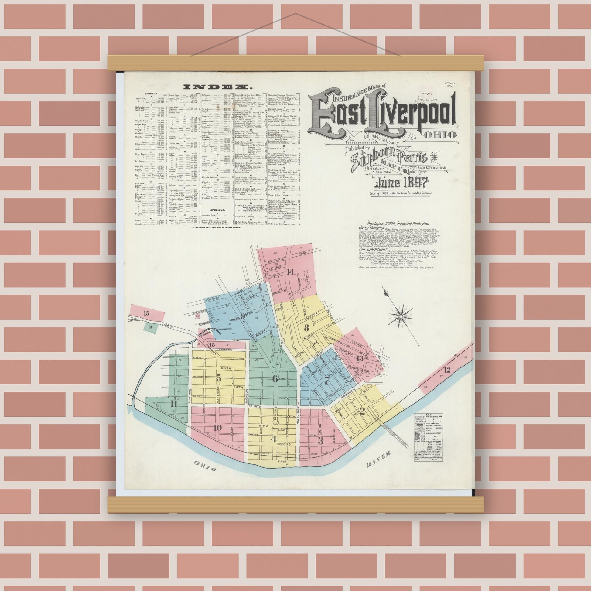 Old map wall art mockup — magnetic wood frame on brick wall — Sanborn Fire Insurance Map from East Liverpool, Columbiana County, Ohio (1897) - Complete Map Set