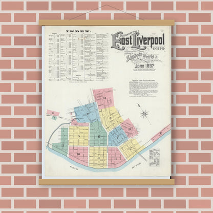 Old map wall art mockup — magnetic wood frame on brick wall — Sanborn Fire Insurance Map from East Liverpool, Columbiana County, Ohio (1897) - Complete Map Set