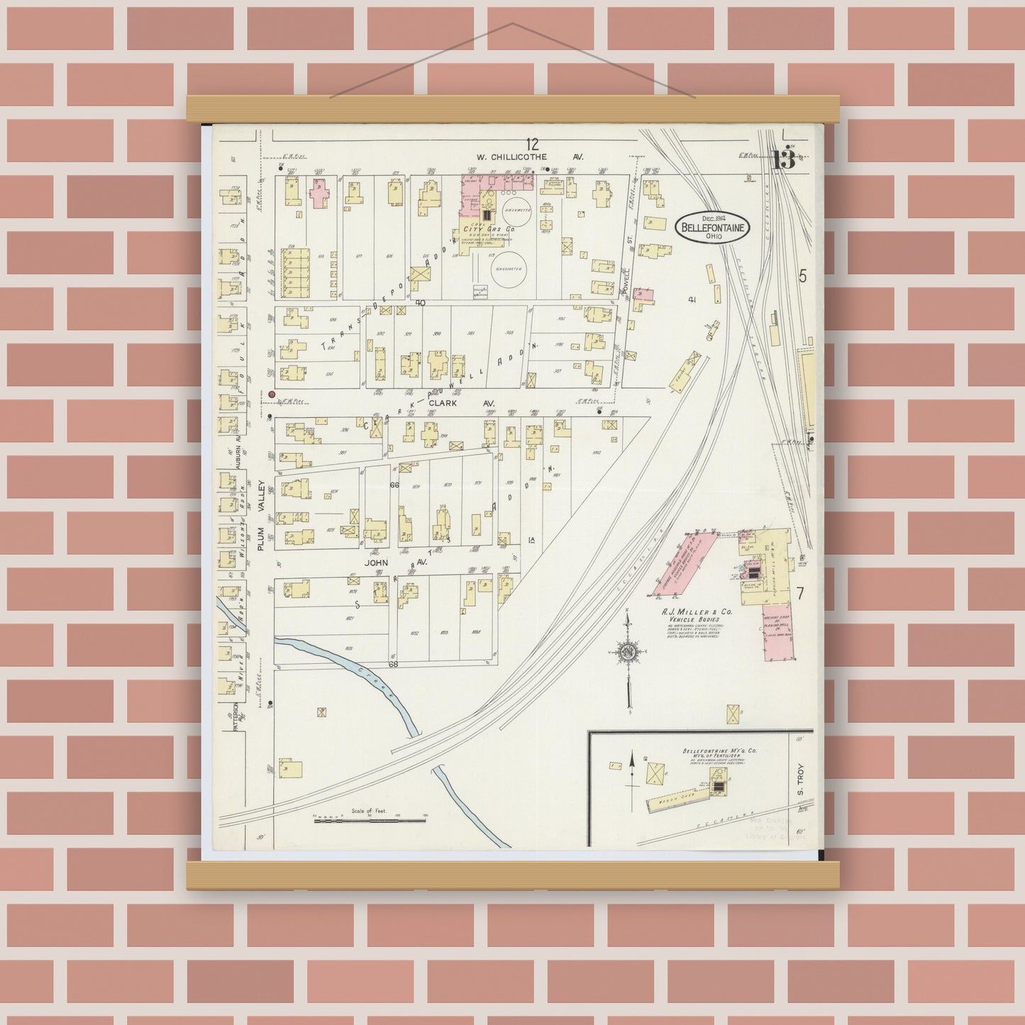 Old map wall art mockup — magnetic wood frame on brick wall — Sanborn Fire Insurance Map from Bellefontaine, Logan County, Ohio (1914), Sheet #0013