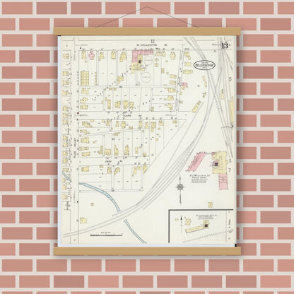 Old map wall art mockup — magnetic wood frame on brick wall — Sanborn Fire Insurance Map from Bellefontaine, Logan County, Ohio (1914), Sheet #0013