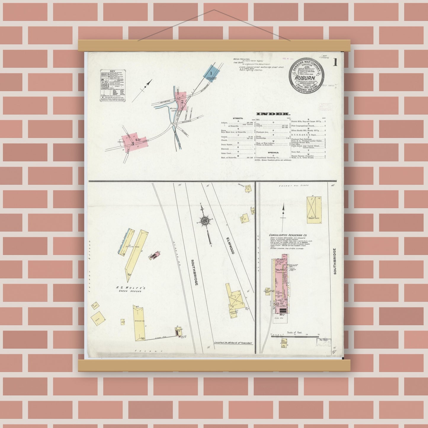 Old map wall art mockup — magnetic wood frame on brick wall — Sanborn Fire Insurance Map from Auburn, Worcester County, Massachusetts (1910) - Complete Map Set