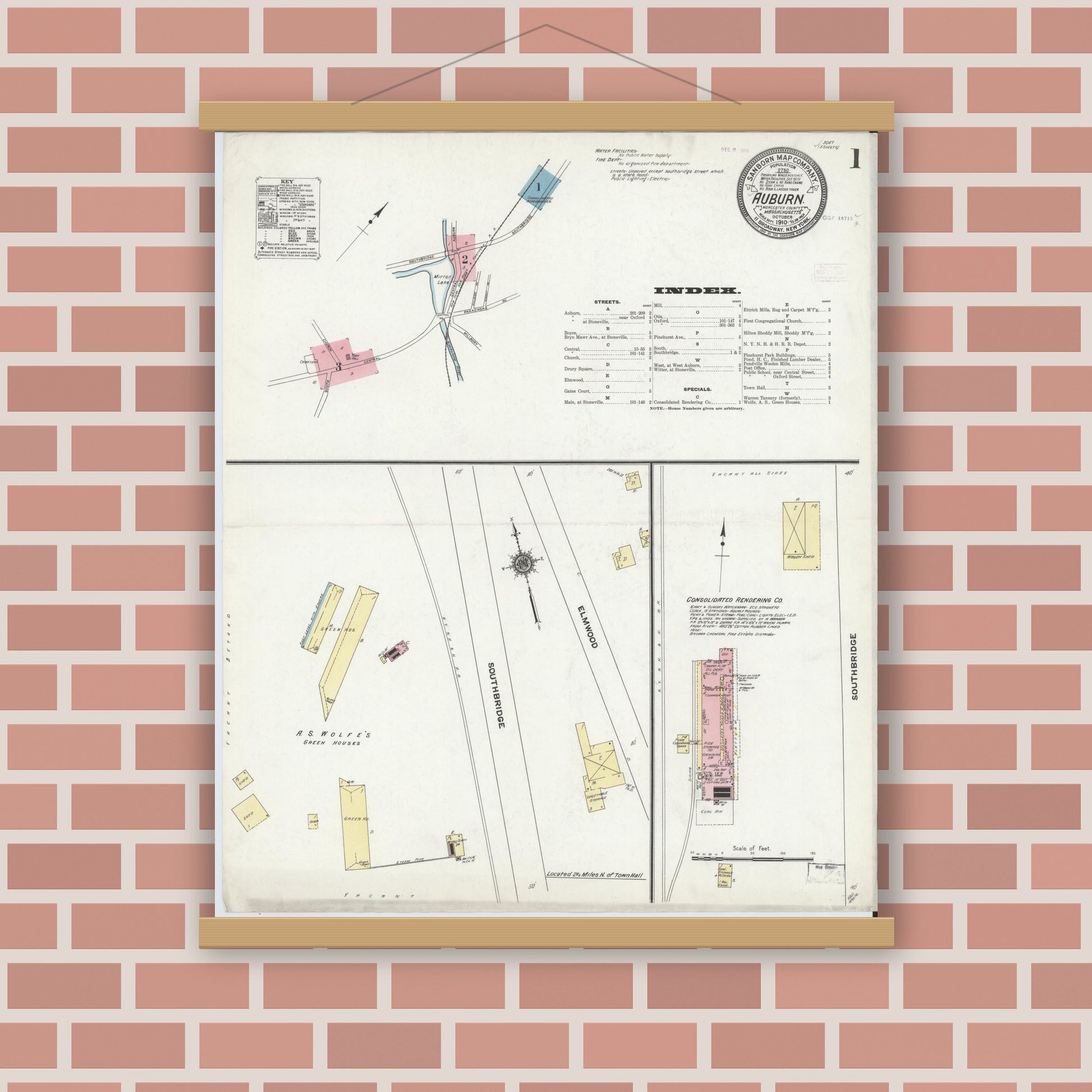 Old map wall art mockup — magnetic wood frame on brick wall — Sanborn Fire Insurance Map from Auburn, Worcester County, Massachusetts (1910) - Complete Map Set