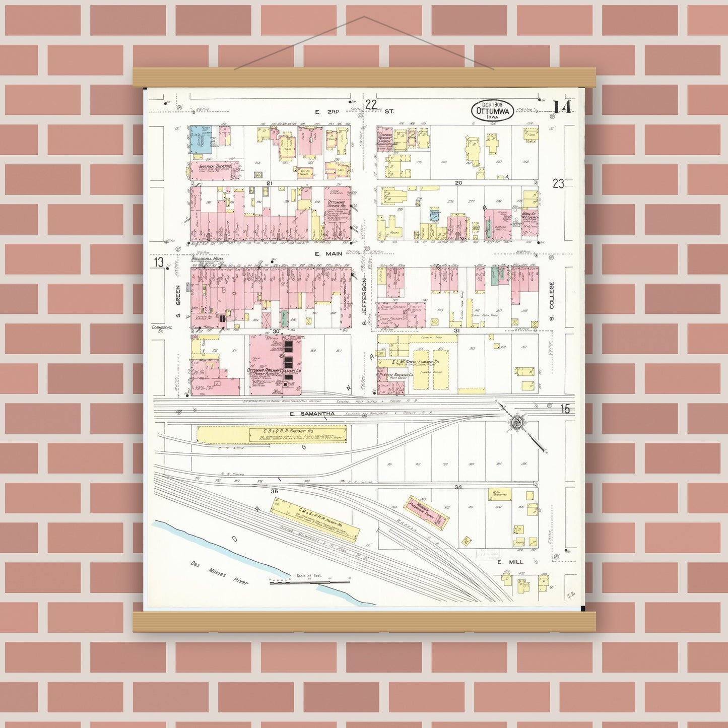 Old map wall art mockup — magnetic wood frame on brick wall — Sanborn Fire Insurance Map from Ottumwa, Wapello County, Iowa (1909), Sheet #0014