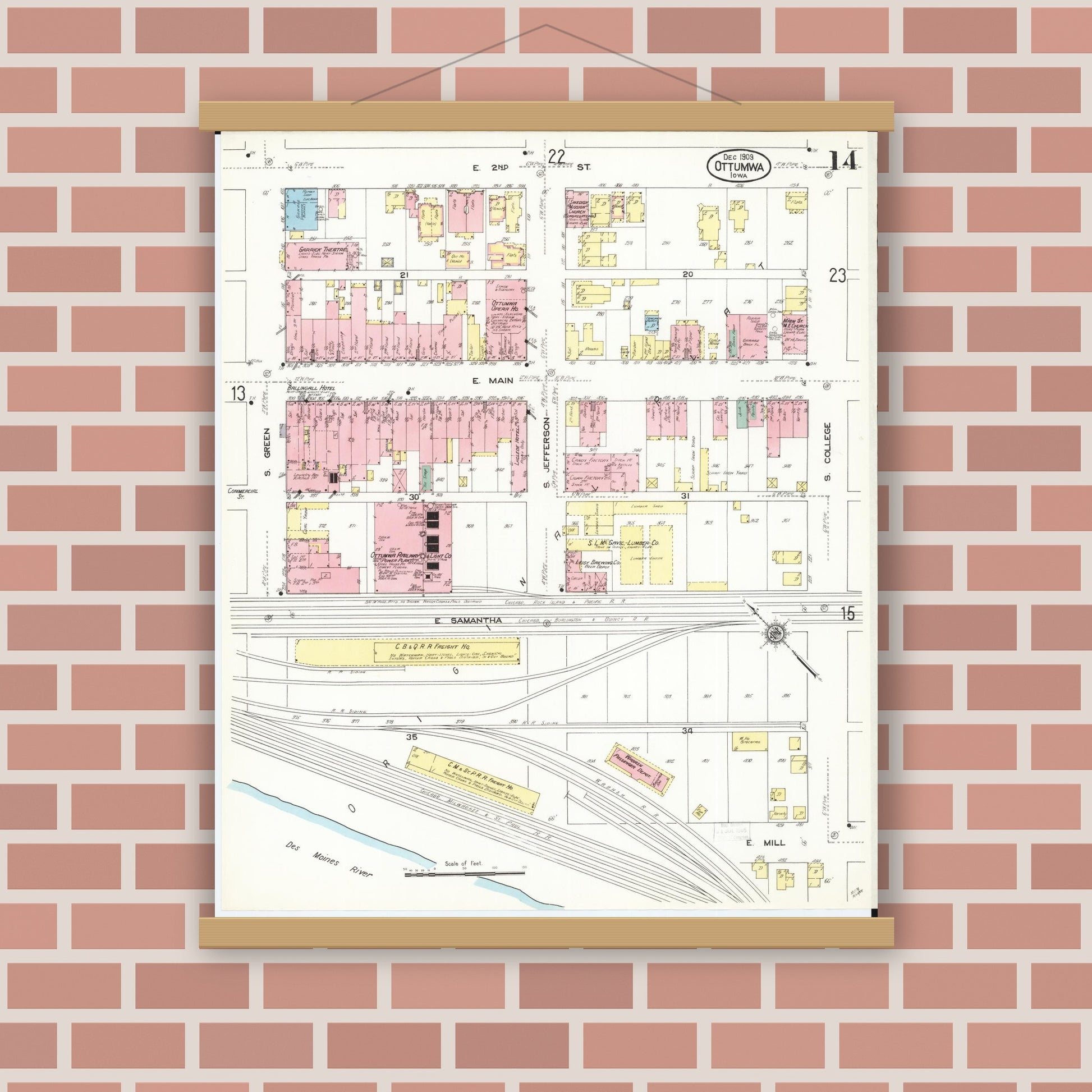 Old map wall art mockup — magnetic wood frame on brick wall — Sanborn Fire Insurance Map from Ottumwa, Wapello County, Iowa (1909), Sheet #0014