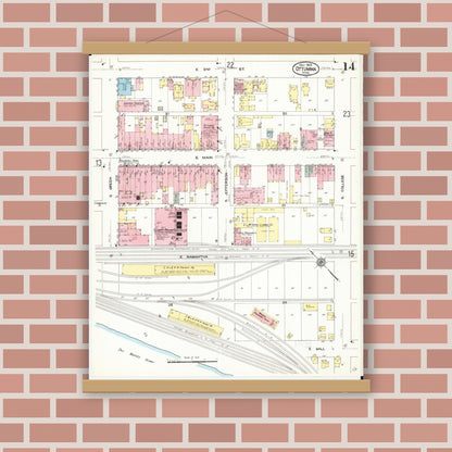 Old map wall art mockup — magnetic wood frame on brick wall — Sanborn Fire Insurance Map from Ottumwa, Wapello County, Iowa (1909), Sheet #0014