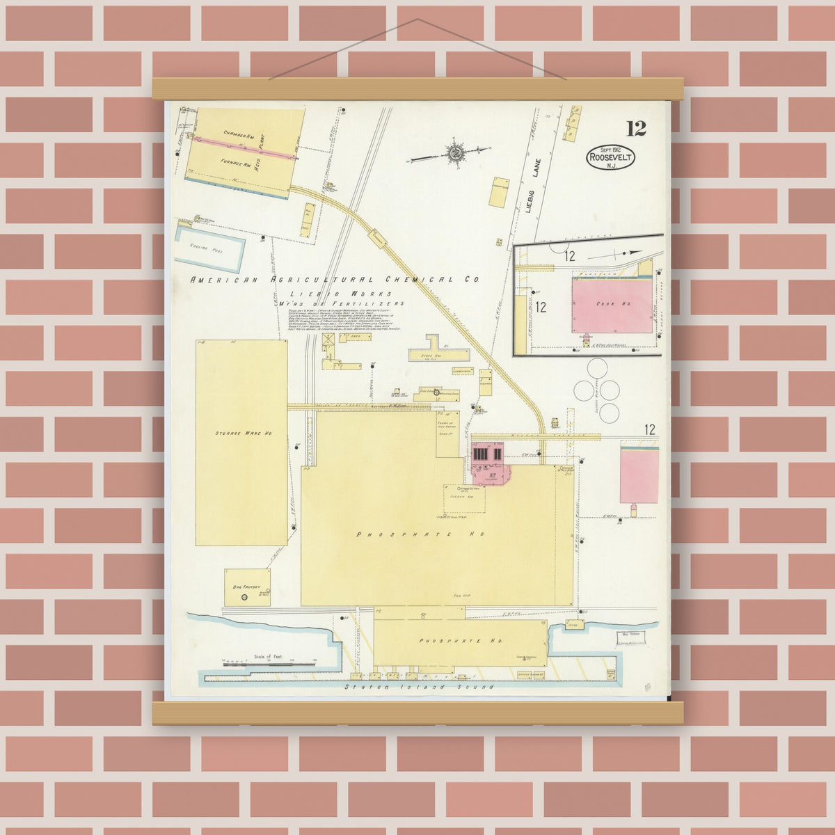 Old map wall art mockup — magnetic wood frame on brick wall — Sanborn Fire Insurance Map from Roosevelt, Middlesex County, New Jersey (1912), Sheet #0012