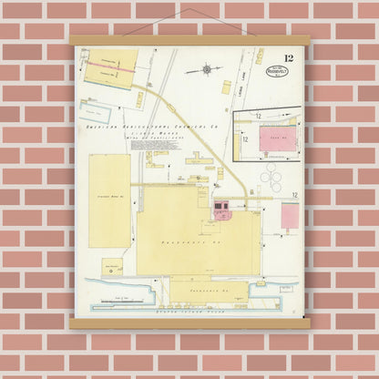Old map wall art mockup — magnetic wood frame on brick wall — Sanborn Fire Insurance Map from Roosevelt, Middlesex County, New Jersey (1912), Sheet #0012
