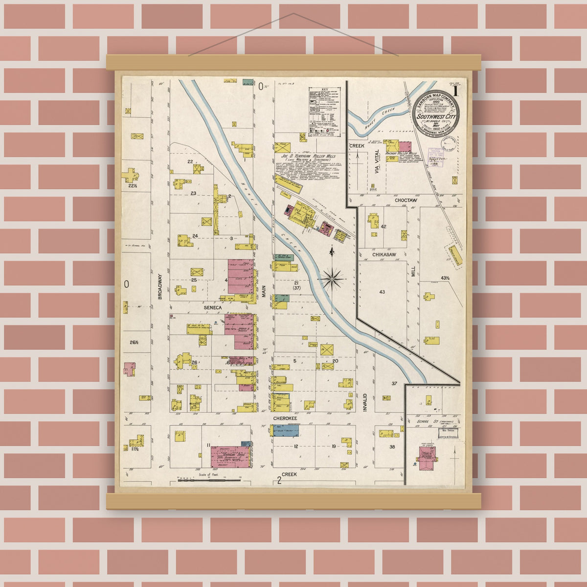 Old map wall art mockup — magnetic wood frame on brick wall — Sanborn Fire Insurance Map from Southwest City, Mcdonald County, Missouri (1902), Sheet #0001