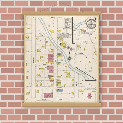 Old map wall art mockup — magnetic wood frame on brick wall — Sanborn Fire Insurance Map from Southwest City, Mcdonald County, Missouri (1902), Sheet #0001