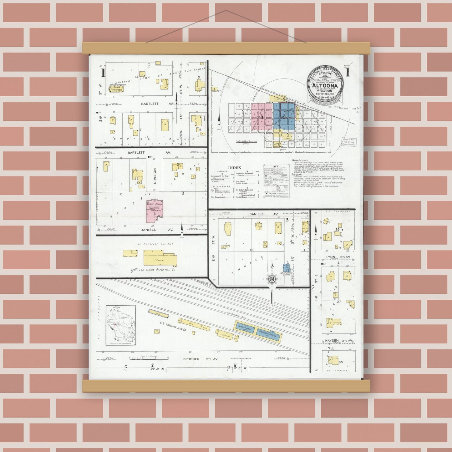 Old map wall art mockup — magnetic wood frame on brick wall — Sanborn Fire Insurance Map from Altoona, Eau Claire County, Wisconsin (1930), Sheet #0001