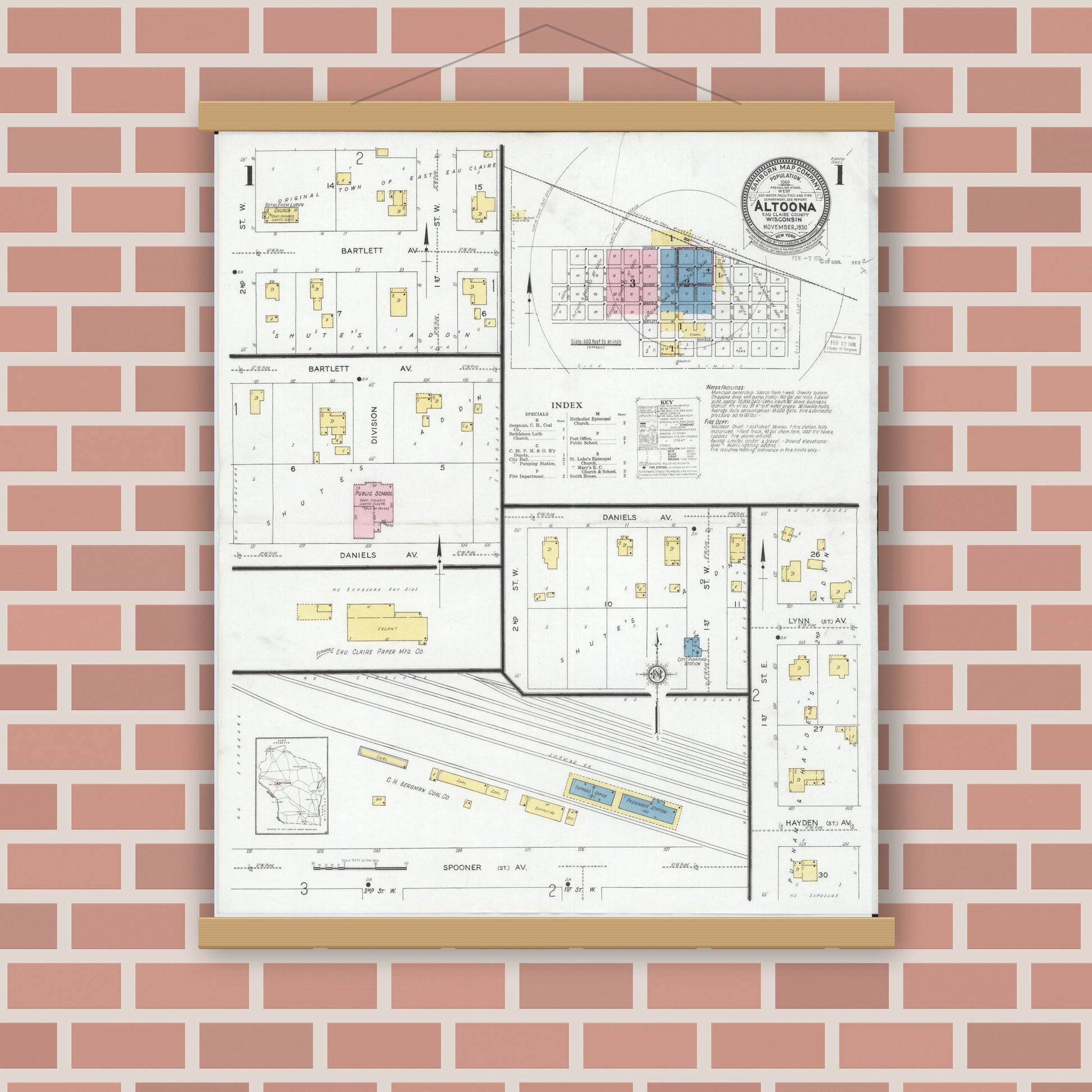 Old map wall art mockup — magnetic wood frame on brick wall — Sanborn Fire Insurance Map from Altoona, Eau Claire County, Wisconsin (1930), Sheet #0001