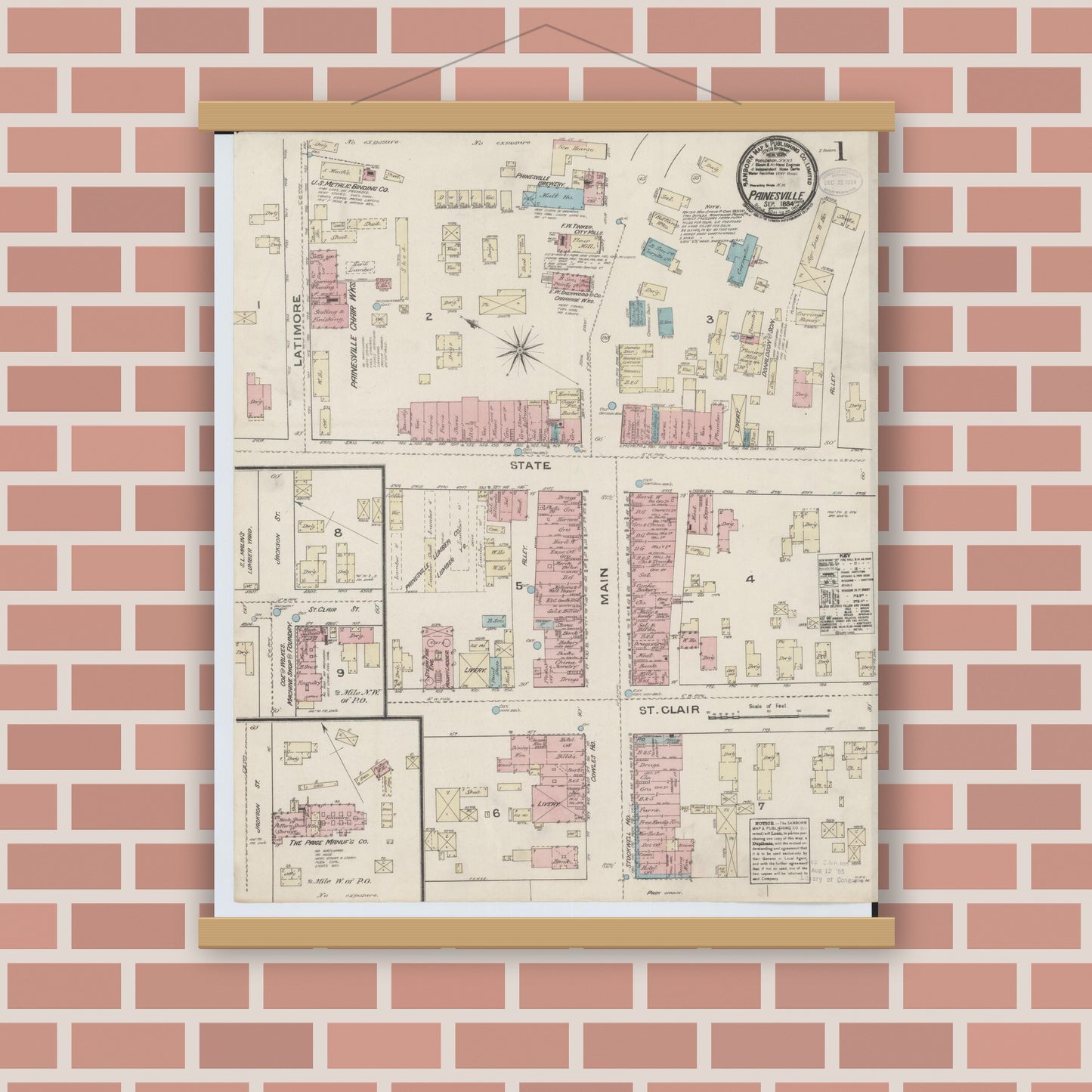 Old map wall art mockup — magnetic wood frame on brick wall — Sanborn Fire Insurance Map from Painesville, Lake County, Ohio (1884) - Complete Map Set