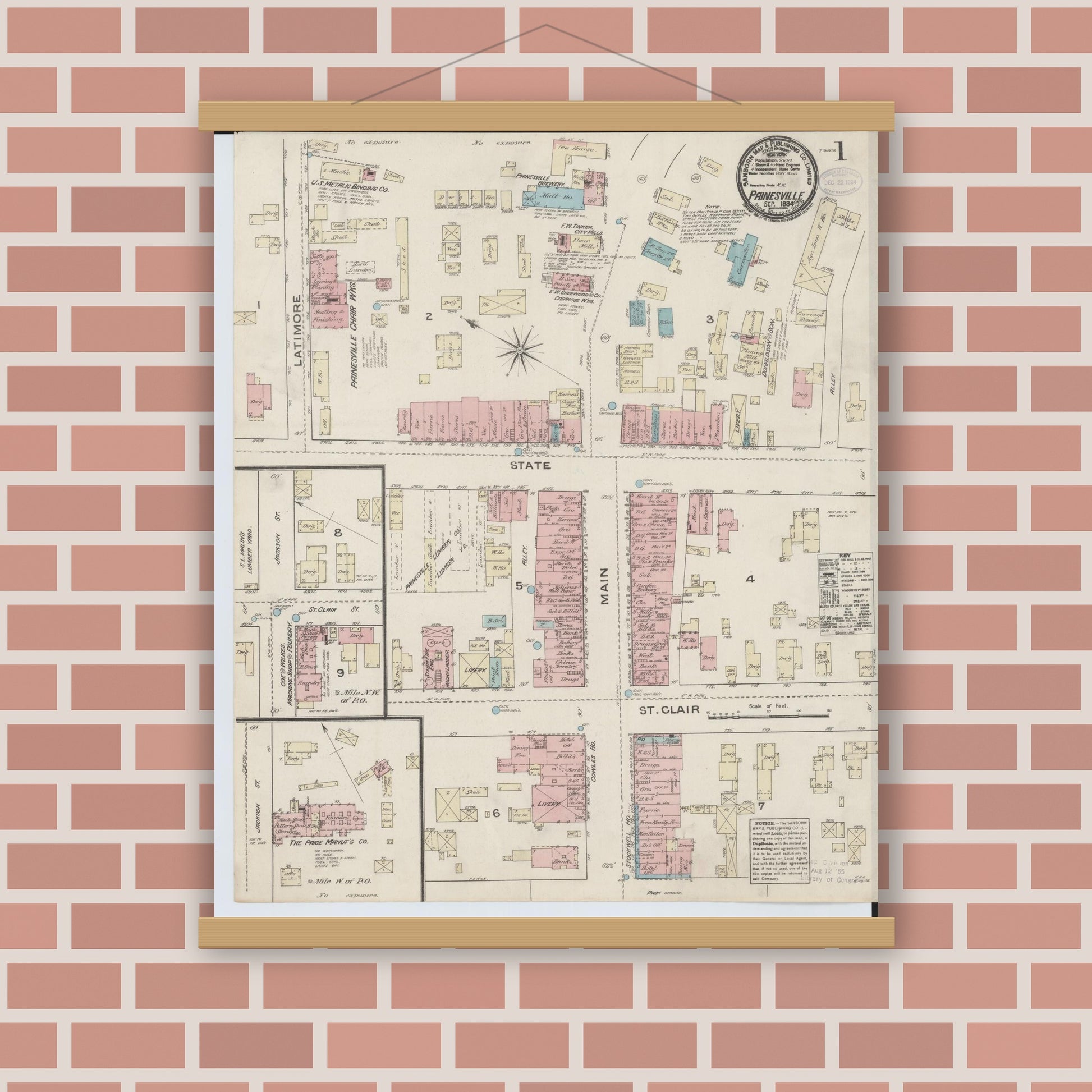Old map wall art mockup — magnetic wood frame on brick wall — Sanborn Fire Insurance Map from Painesville, Lake County, Ohio (1884) - Complete Map Set
