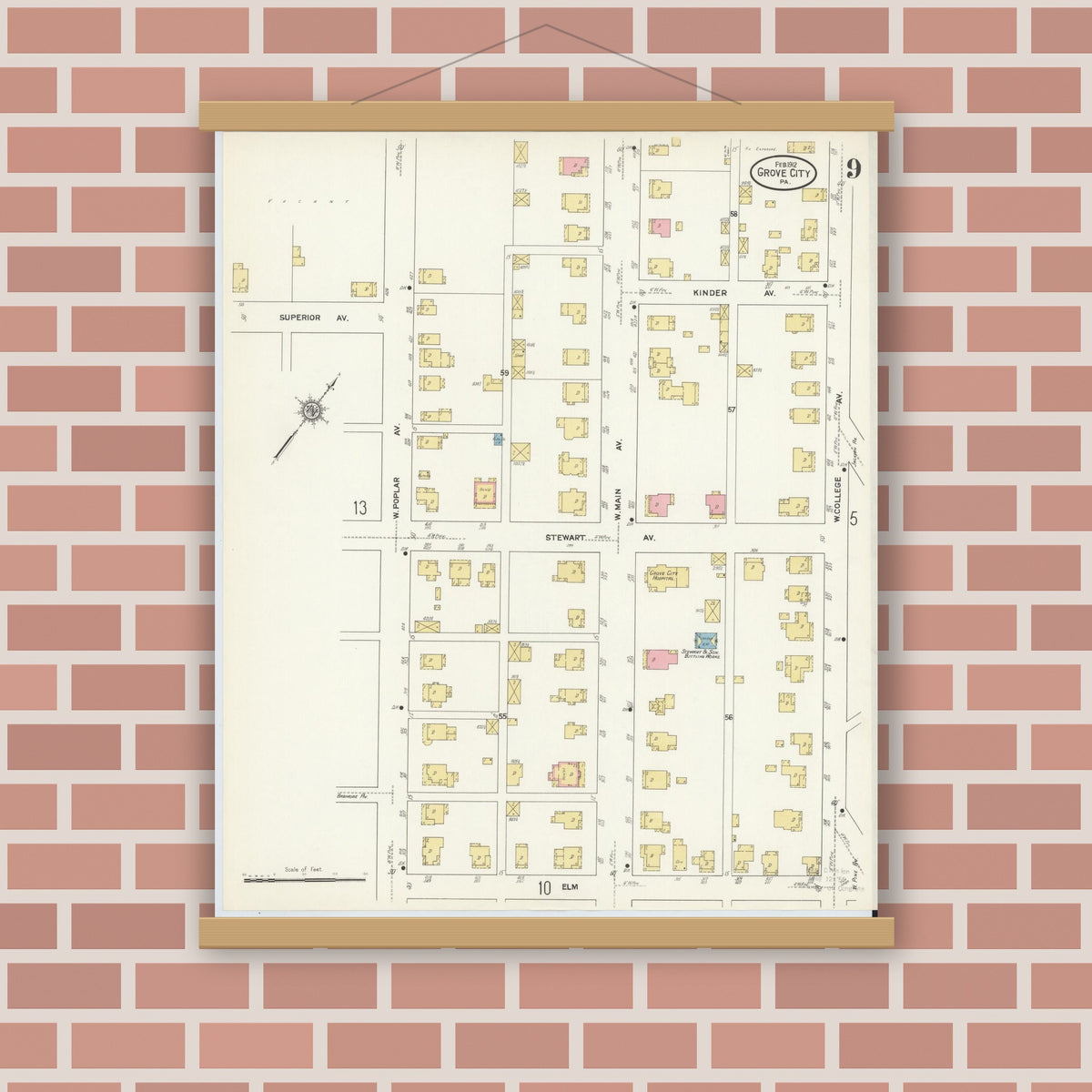 Old map wall art mockup — magnetic wood frame on brick wall — Sanborn Fire Insurance Map from Grove City, Mercer County, Pennsylvania (1912), Sheet #0009