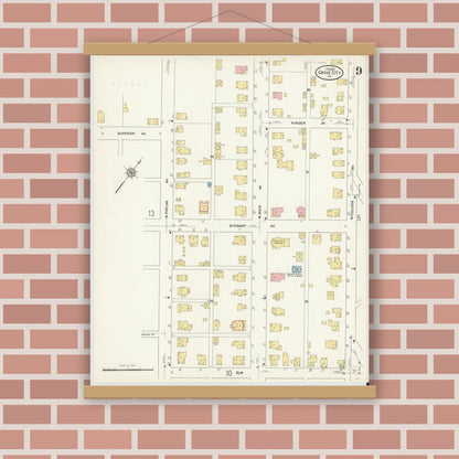 Old map wall art mockup — magnetic wood frame on brick wall — Sanborn Fire Insurance Map from Grove City, Mercer County, Pennsylvania (1912), Sheet #0009