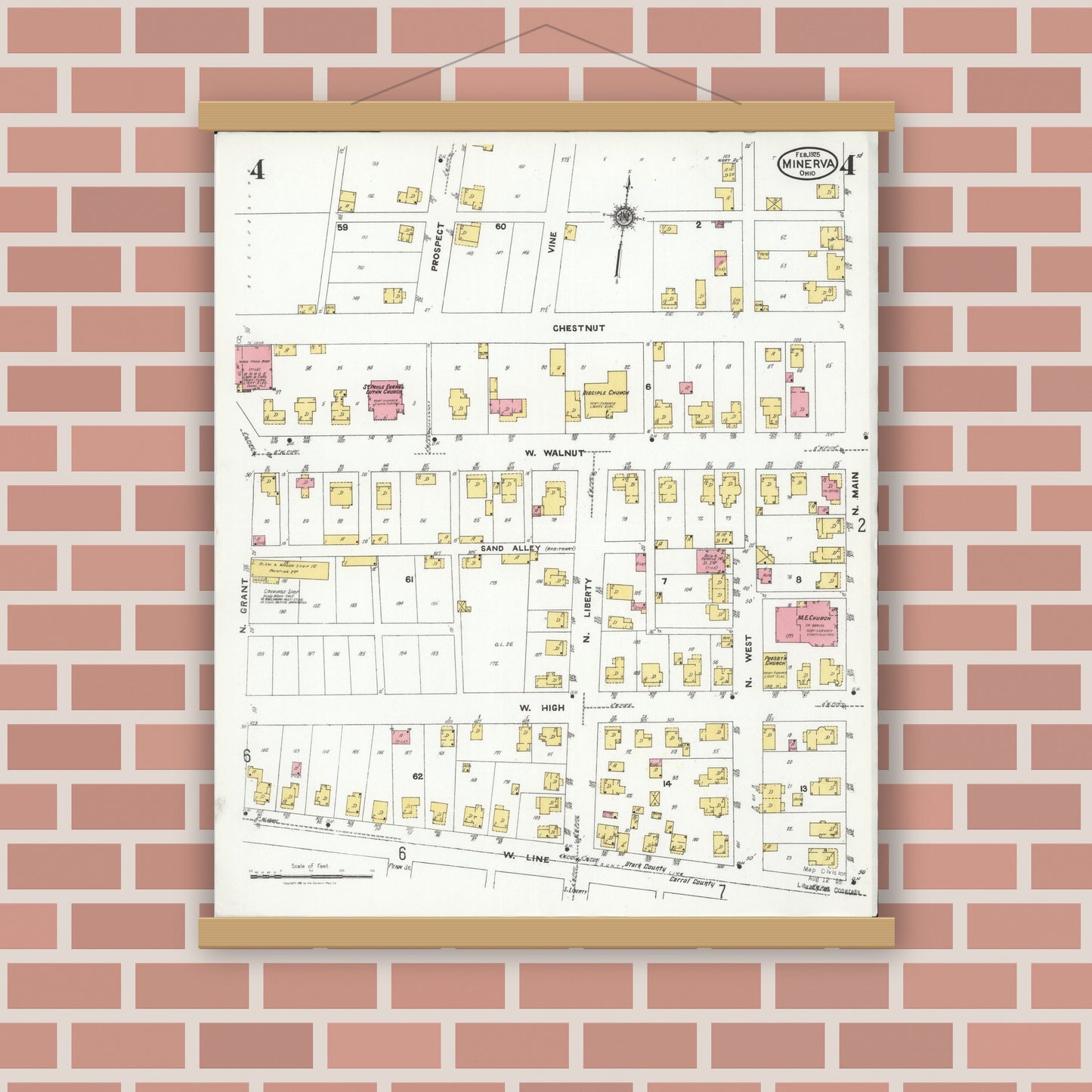Old map wall art mockup — magnetic wood frame on brick wall — Sanborn Fire Insurance Map from Minerva, Stark And Carroll Counties, Ohio (1925), Sheet #0004