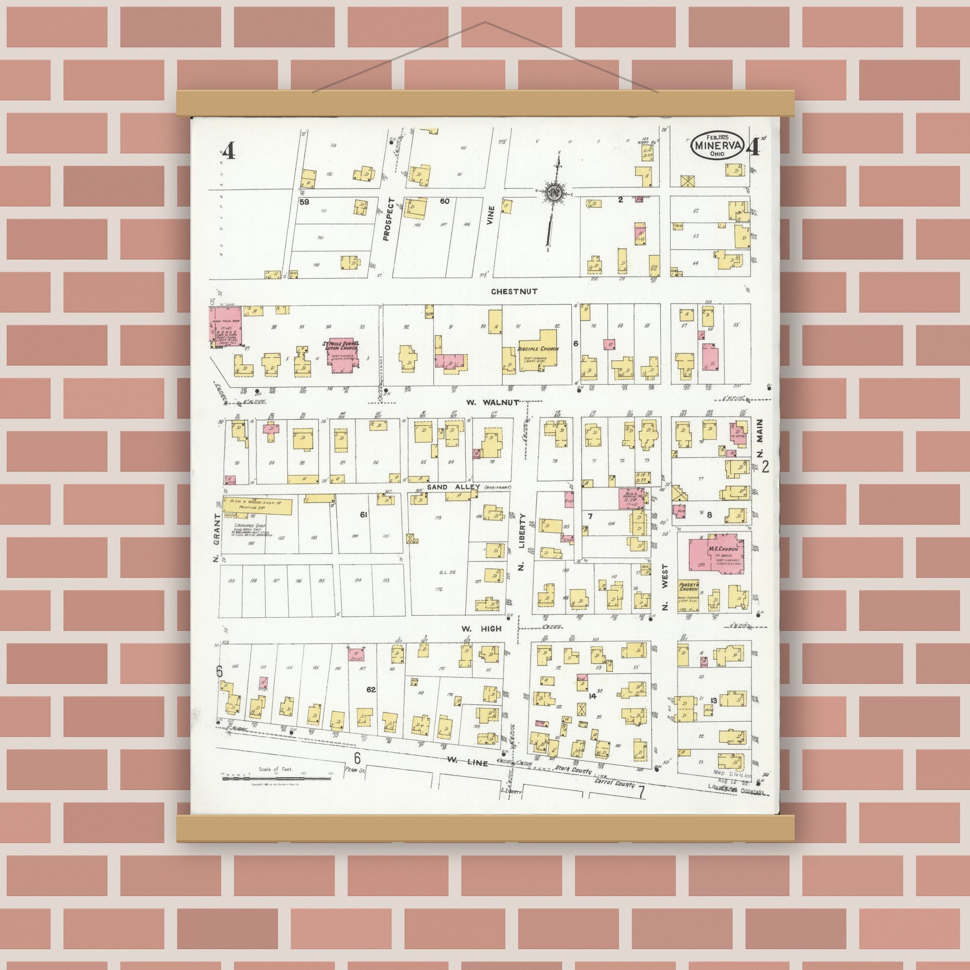 Old map wall art mockup — magnetic wood frame on brick wall — Sanborn Fire Insurance Map from Minerva, Stark And Carroll Counties, Ohio (1925), Sheet #0004