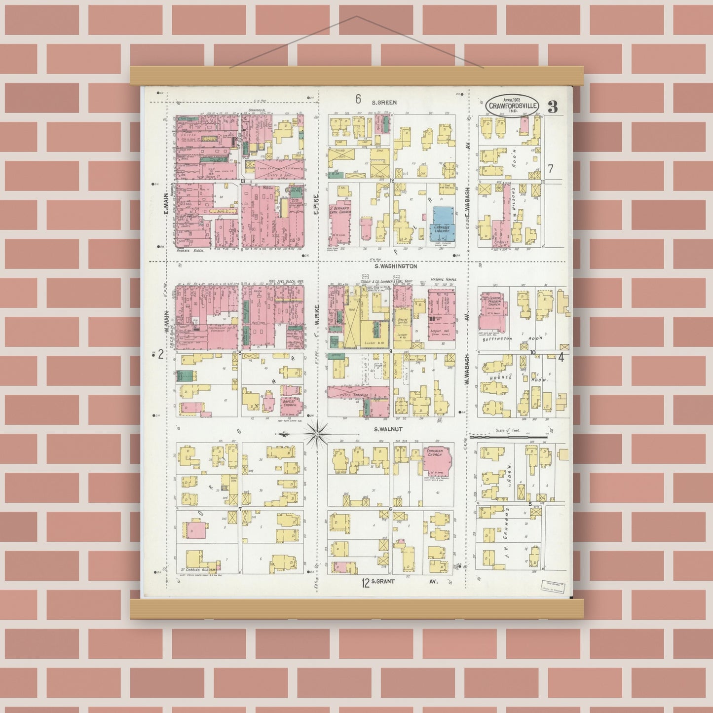 Old map wall art mockup — magnetic wood frame on brick wall — Sanborn Fire Insurance Map from Crawfordsville, Montgomery County, Indiana (1902), Sheet #0003