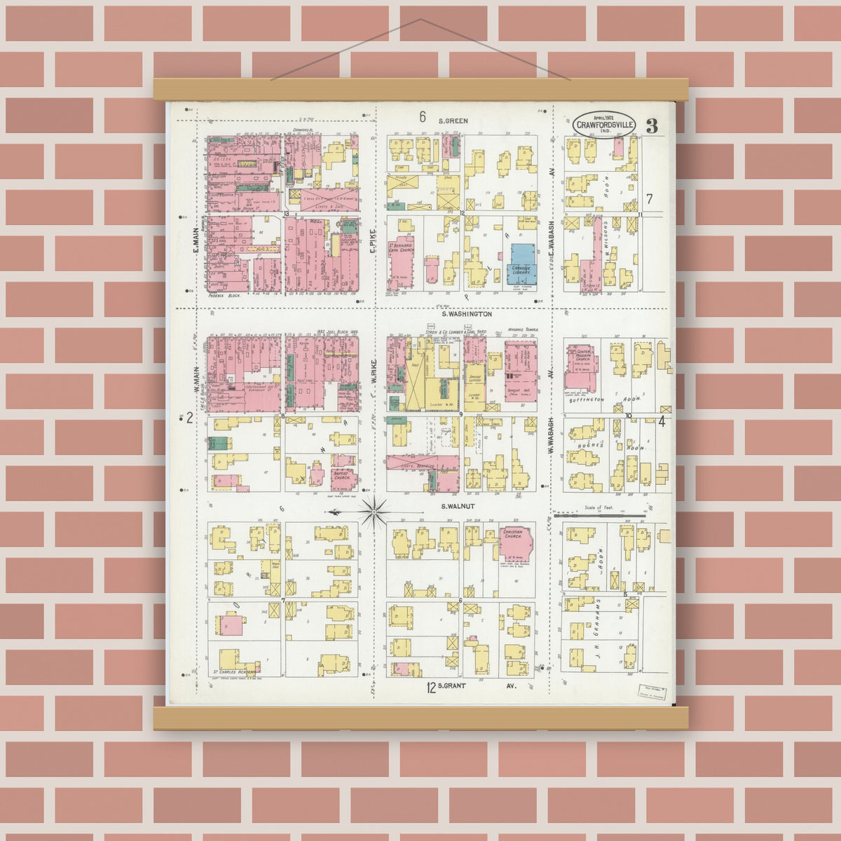 Old map wall art mockup — magnetic wood frame on brick wall — Sanborn Fire Insurance Map from Crawfordsville, Montgomery County, Indiana (1902), Sheet #0003