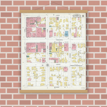 Old map wall art mockup — magnetic wood frame on brick wall — Sanborn Fire Insurance Map from Crawfordsville, Montgomery County, Indiana (1902), Sheet #0003
