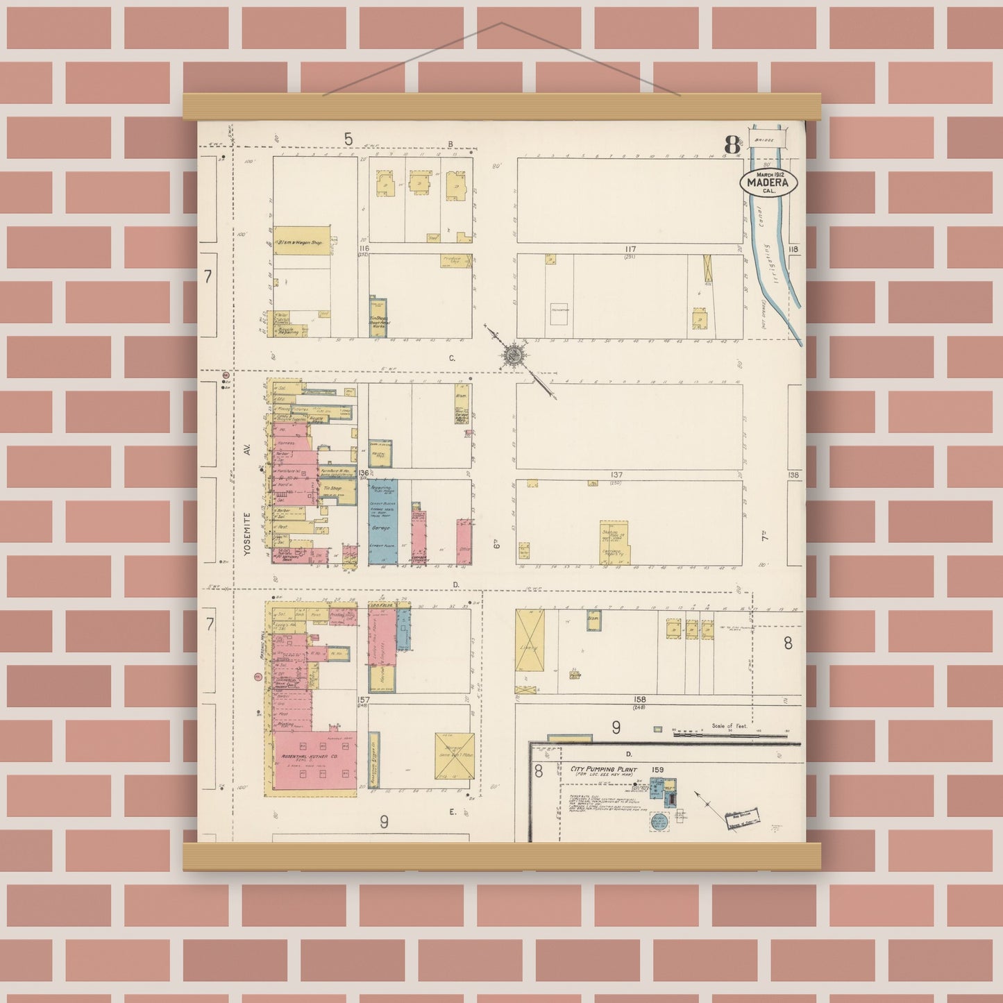 Old map wall art mockup — magnetic wood frame on brick wall — Sanborn Fire Insurance Map from Madera, Madera County, California (1912), Sheet #0008