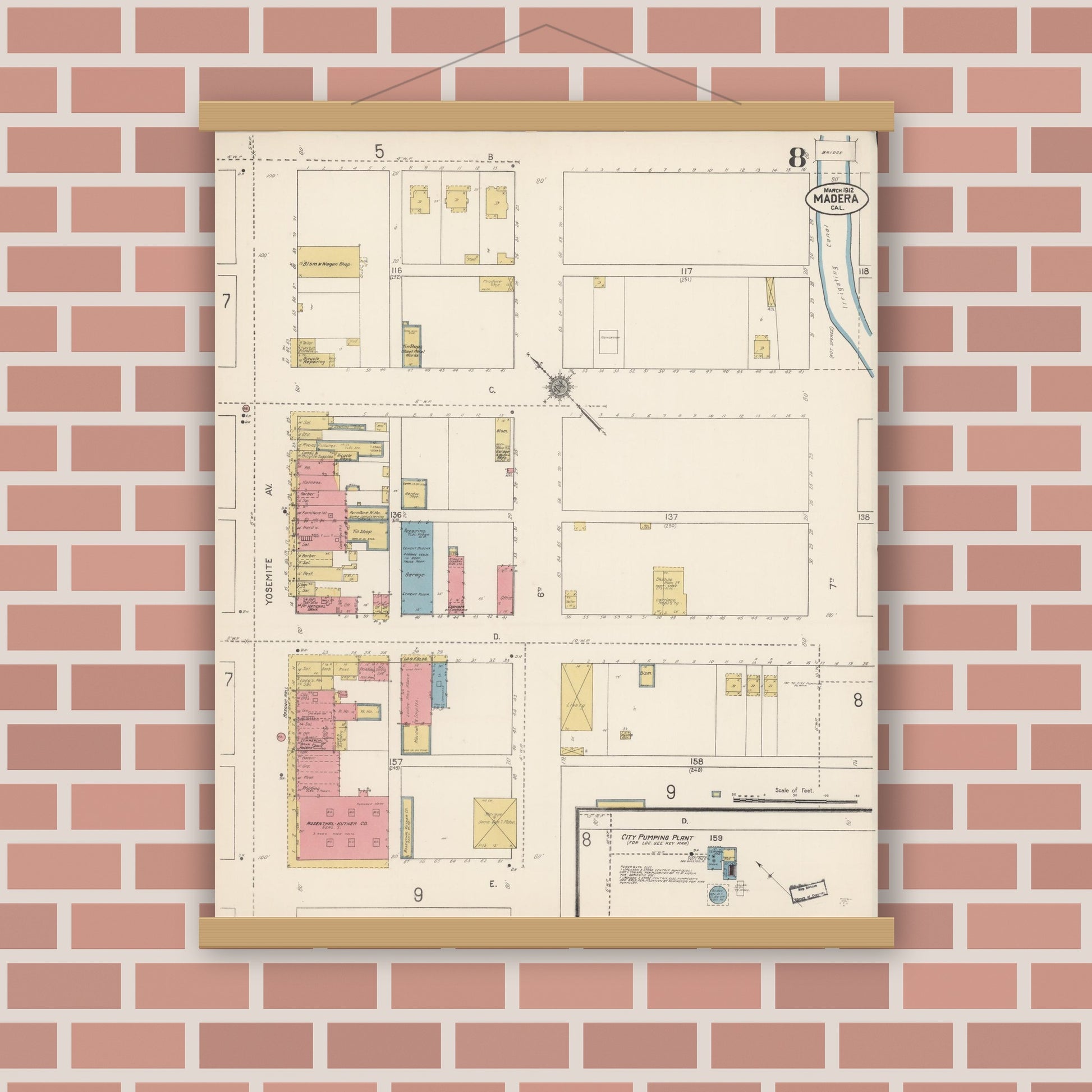 Old map wall art mockup — magnetic wood frame on brick wall — Sanborn Fire Insurance Map from Madera, Madera County, California (1912), Sheet #0008