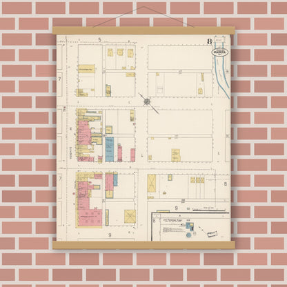 Old map wall art mockup — magnetic wood frame on brick wall — Sanborn Fire Insurance Map from Madera, Madera County, California (1912), Sheet #0008