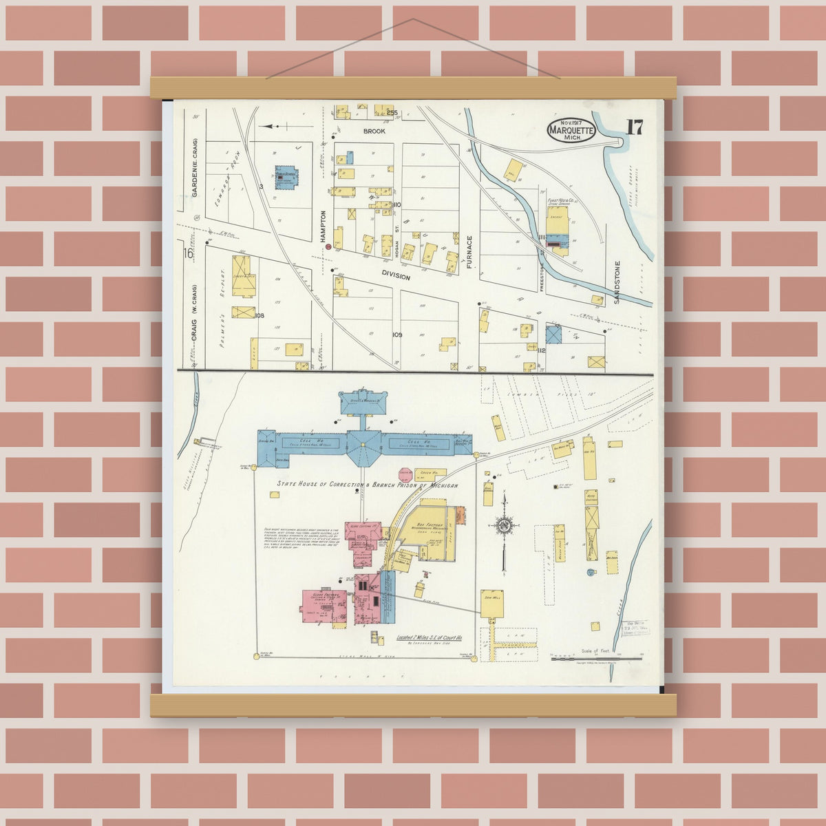 Old map wall art mockup — magnetic wood frame on brick wall — Sanborn Fire Insurance Map from Marquette, Marquette County, Michigan (1917), Sheet #0017