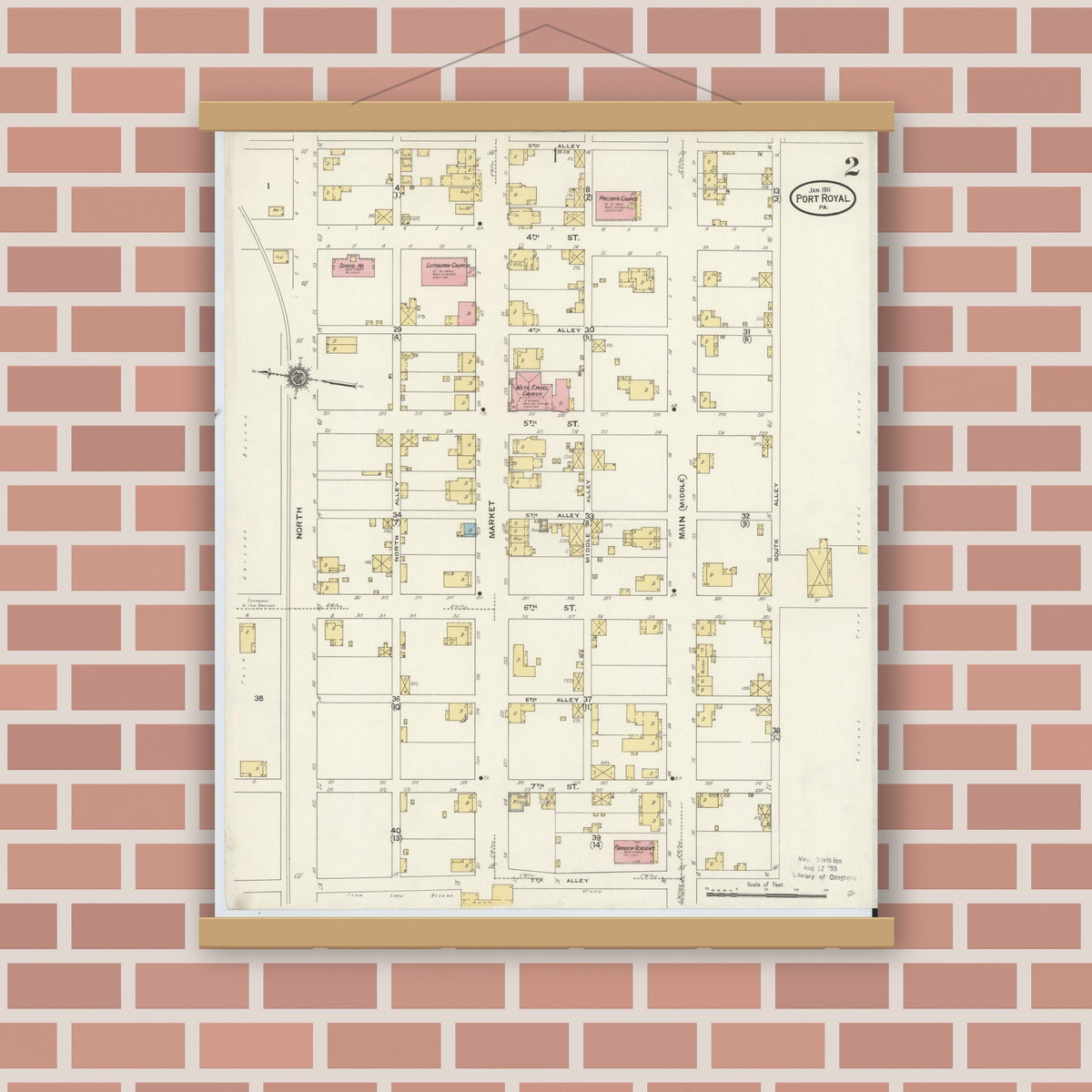 Old map wall art mockup — magnetic wood frame on brick wall — Sanborn Fire Insurance Map from Port Royal, Juniata County, Pennsylvania (1911), Sheet #0002