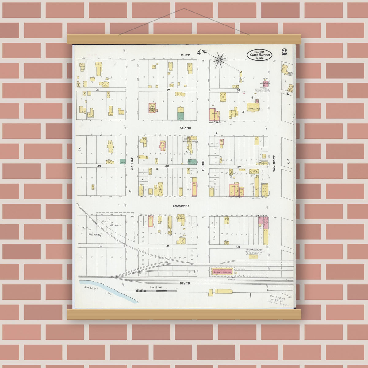 Old map wall art mockup — magnetic wood frame on brick wall — Sanborn Fire Insurance Map from Sauk Rapids, Benton County, Minnesota (1904), Sheet #0002