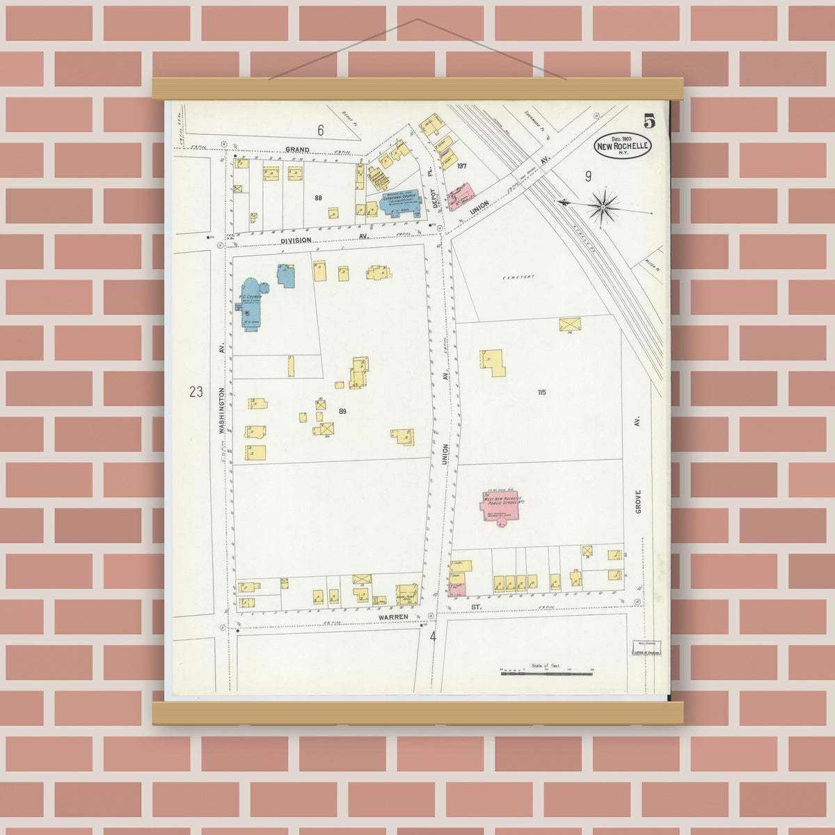 Old map wall art mockup — magnetic wood frame on brick wall — Sanborn Fire Insurance Map from New Rochelle, Westchester County, New York (1903), Sheet #0005