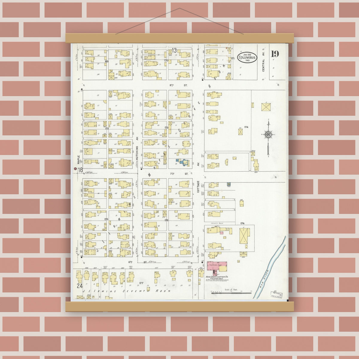 Old map wall art mockup — magnetic wood frame on brick wall — Sanborn Fire Insurance Map from Columbus, Bartholomew County, Indiana (1912), Sheet #0019