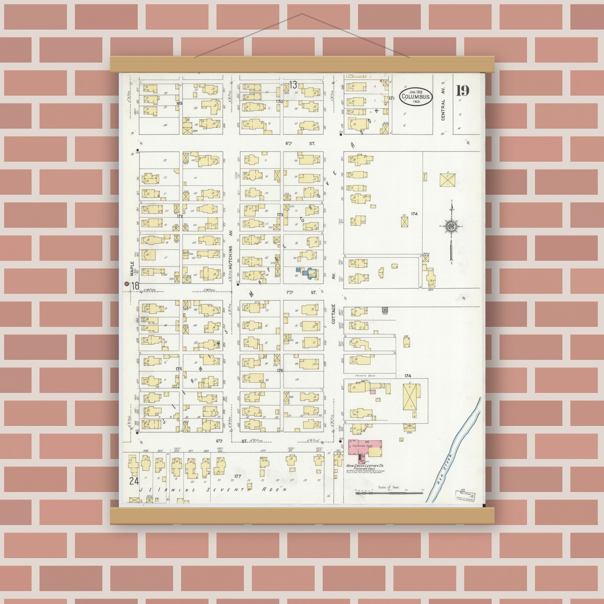 Old map wall art mockup — magnetic wood frame on brick wall — Sanborn Fire Insurance Map from Columbus, Bartholomew County, Indiana (1912), Sheet #0019