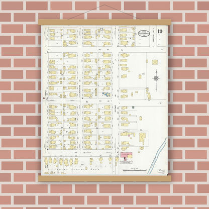 Old map wall art mockup — magnetic wood frame on brick wall — Sanborn Fire Insurance Map from Columbus, Bartholomew County, Indiana (1912), Sheet #0019