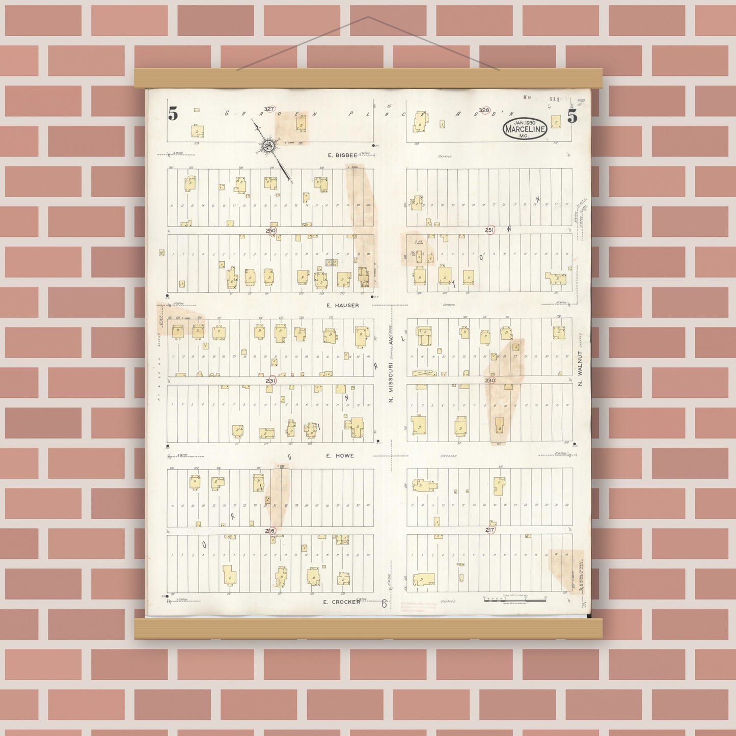 Old map wall art mockup — magnetic wood frame on brick wall — Sanborn Fire Insurance Map from Marceline, Linn County, Missouri (1939), Sheet #0005