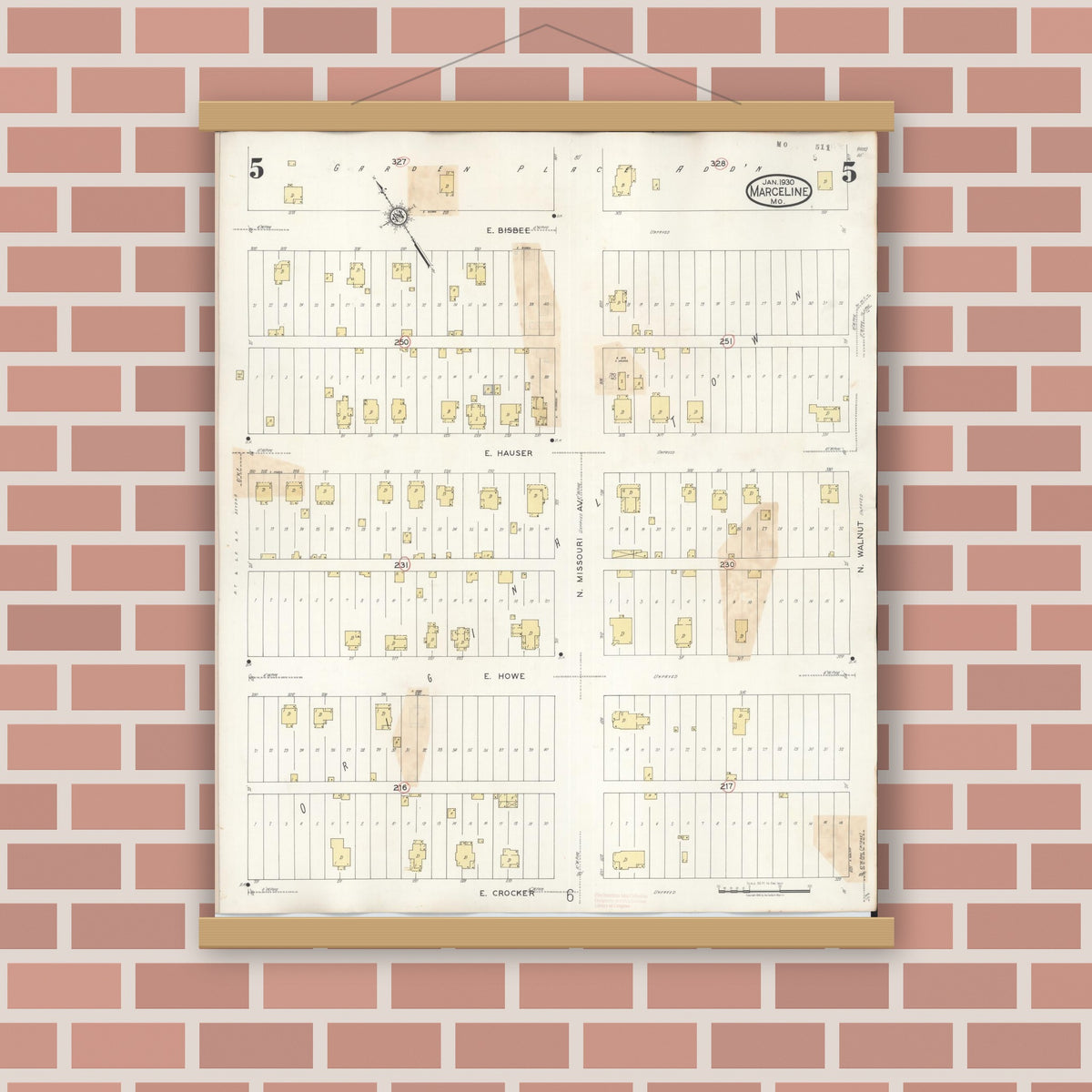 Old map wall art mockup — magnetic wood frame on brick wall — Sanborn Fire Insurance Map from Marceline, Linn County, Missouri (1939), Sheet #0005