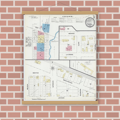 Old map wall art mockup — magnetic wood frame on brick wall — Sanborn Fire Insurance Map from Tomah, Monroe County, Wisconsin (1891), Sheet #0001