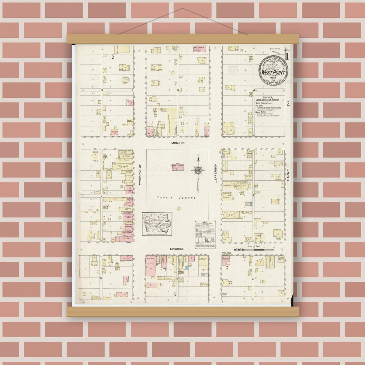 Old map wall art mockup — magnetic wood frame on brick wall — Sanborn Fire Insurance Map from West Point, Lee County, Iowa (1914) â€” Complete Set