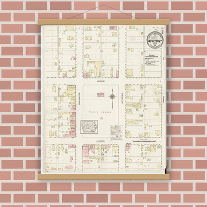 Old map wall art mockup — magnetic wood frame on brick wall — Sanborn Fire Insurance Map from West Point, Lee County, Iowa (1914) â€” Complete Set