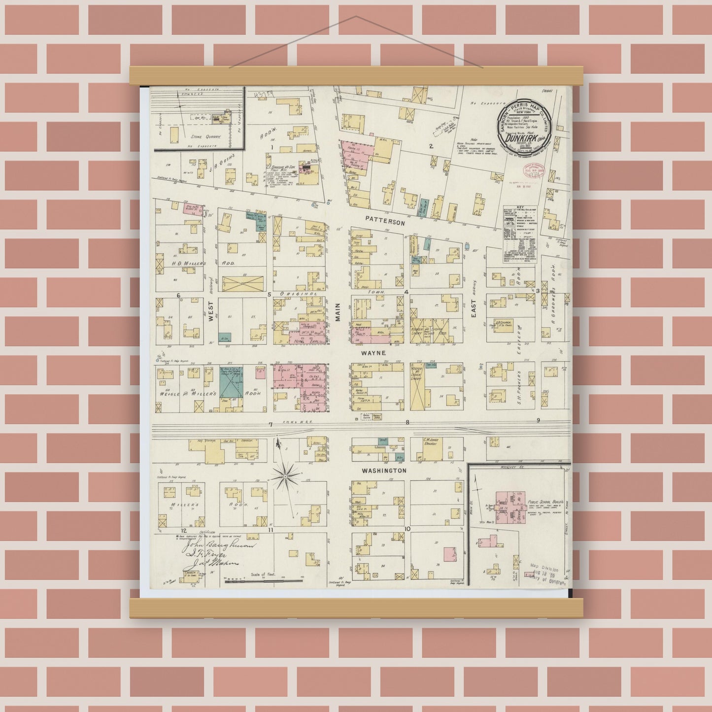 Old map wall art mockup — magnetic wood frame on brick wall — Sanborn Fire Insurance Map from Dunkirk, Hardin County, Ohio (1895), Sheet #0001